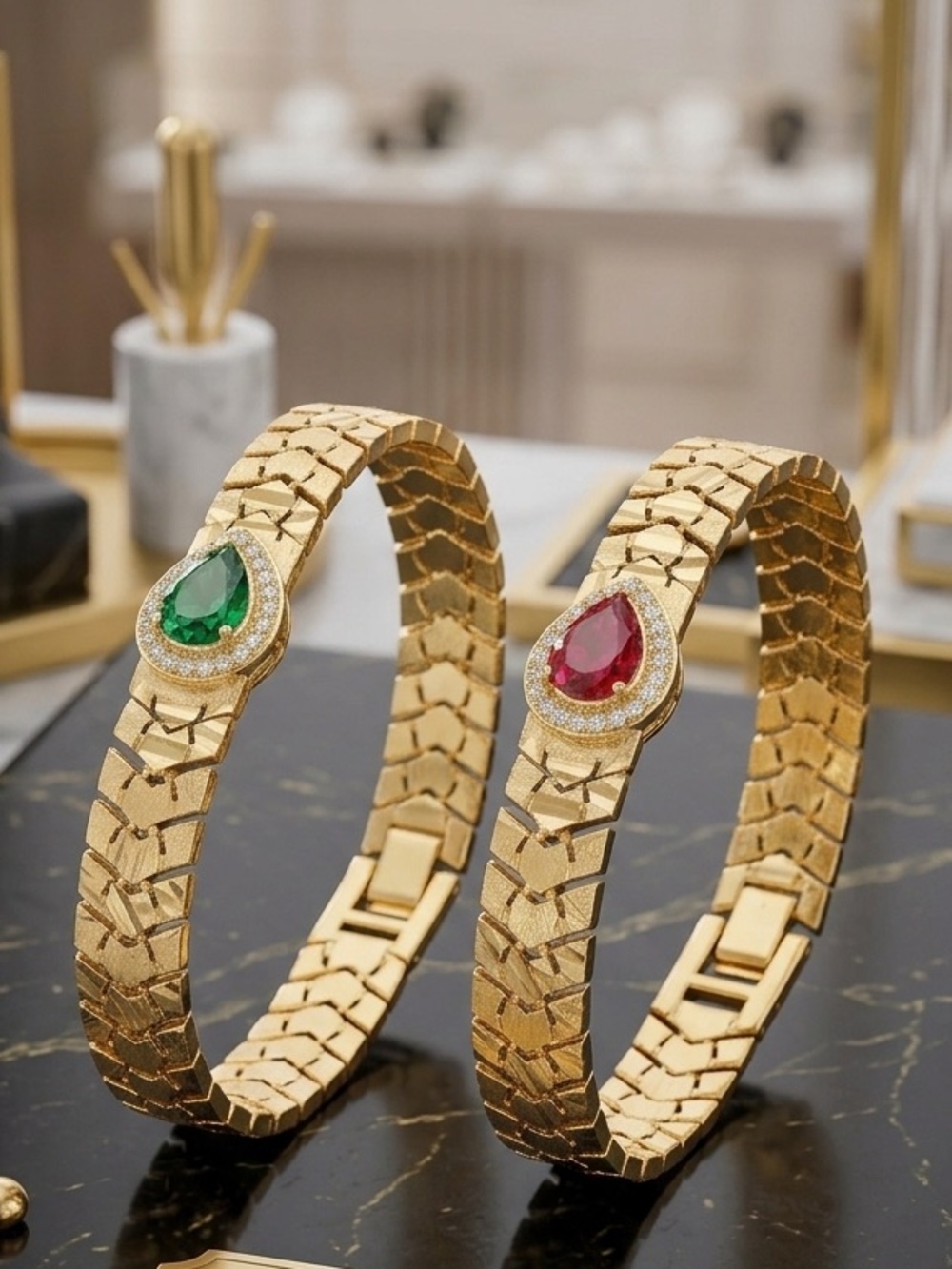 Gold Bracelet with Green or Red Teardrop Gem